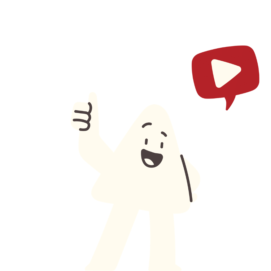 ikoni selitysvideo ja hahmo joka näyttää peukkua