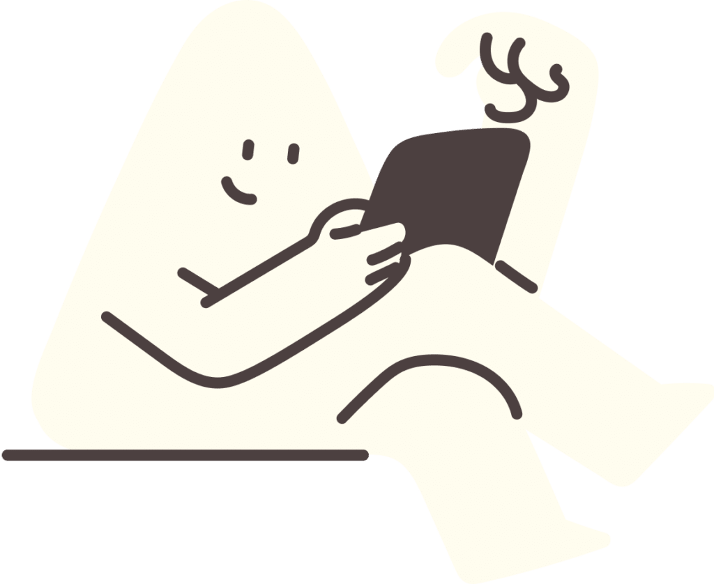 Theo selitysvideo maskotti istuu puhelimen kanssa